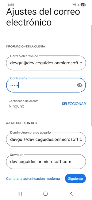 Introduzca Nombre de usuario y la dirección de servidor Exchange. Seleccione Siguiente