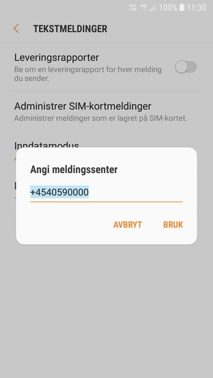 Skriv inn Meldingssenter nummer og velg BRUK