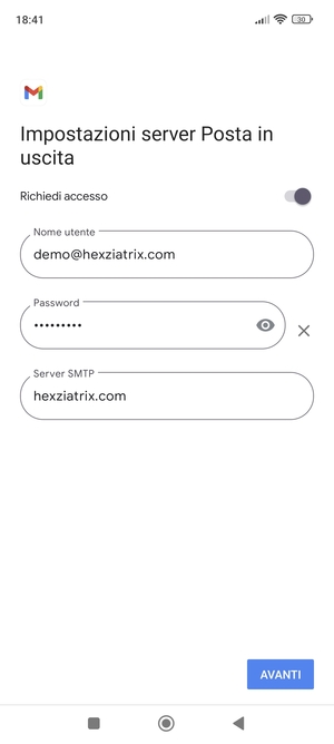Inserisci l'indirizzo del server di posta in uscita e seleziona AVANTI