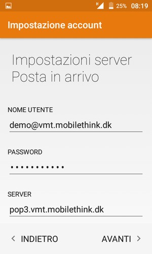 Inserisci Nome utente e l'indirizzo del server Posta in arrivo. Seleziona AVANTI