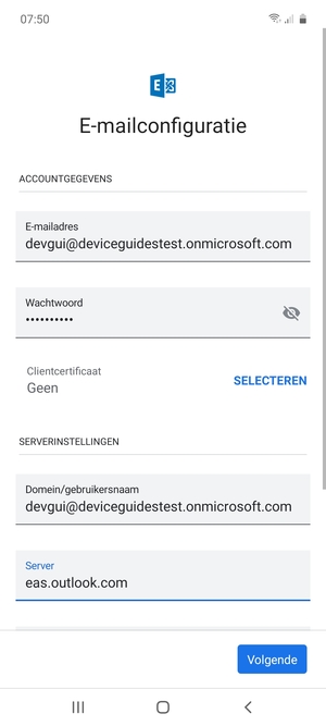 Voer Gebruikersnaam en Exchange serveradres in. Selecteer Volgende