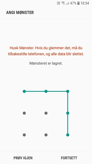Tegn et opplåsingsmønster og velg FORTSETT
