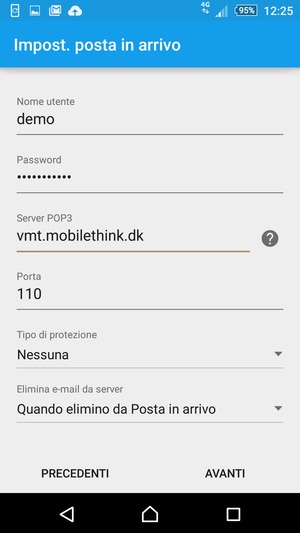 Inserisci Nome utente e l'indirizzo del server di posta in arrivo. Seleziona AVANTI