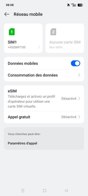 Sélectionnez SIM1 ou SIM2