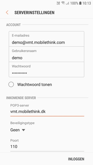 Voer Gebruikersnaam en binnenkomend serveradres in