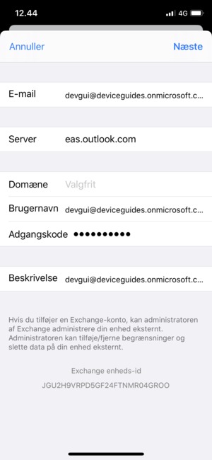 Indtast Exchange e-mail oplysninger og vælg Næste