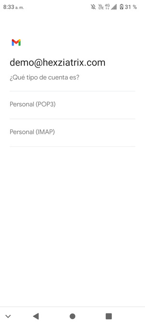 Seleccione Personal (POP3) o Personal (IMAP)
