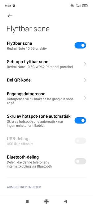 Telefonen din er konfigurert for bruk som et modem