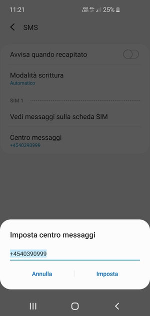 Inserisci il numero di Centro messaggi e seleziona Imposta