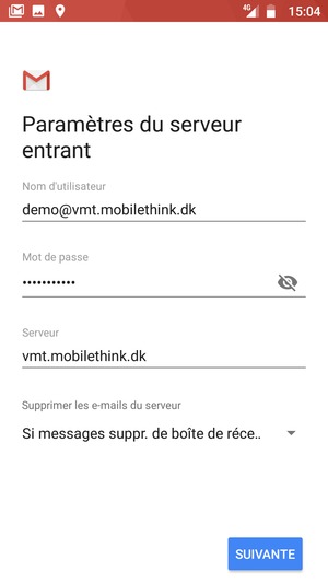Saisissez votre Nom d'utilisateur et l'adresse du serveur entrant. Sélectionnez SUIVANTE