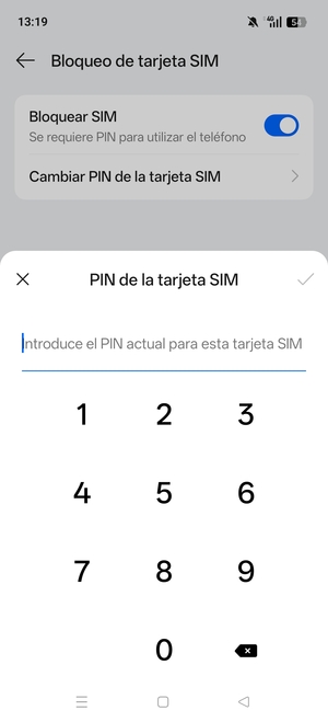 Introduzca PIN actual de la tarjeta SIM y seleccione Aceptar