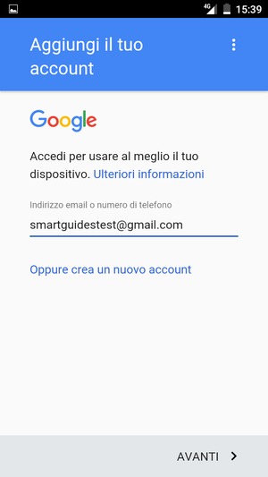 Inserisci il tuo indirizzo Gmail e seleziona AVANTI