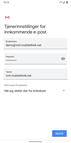 Skriv inn Brukernavn og innkommende serveradresse. Velg NESTE