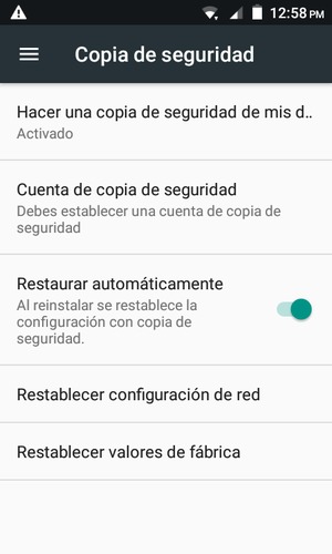 Vuelva al menú Copia de seguridad y seleccione Cuenta de copia de seguridad