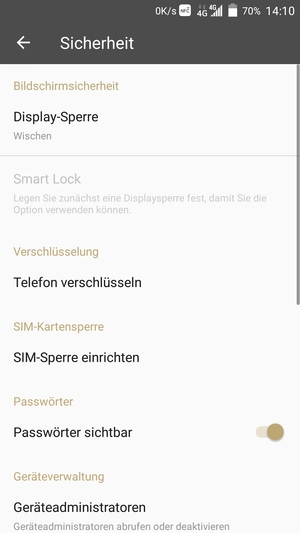 Um Ihre Bildschirmsperre zu aktivieren, gehen Sie zum Sicherheit Menü und wählen Sie  Display-Sperre