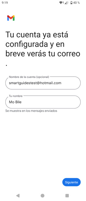 Déle a su cuenta un nombre e introduzca Su nombre. Seleccione Siguiente