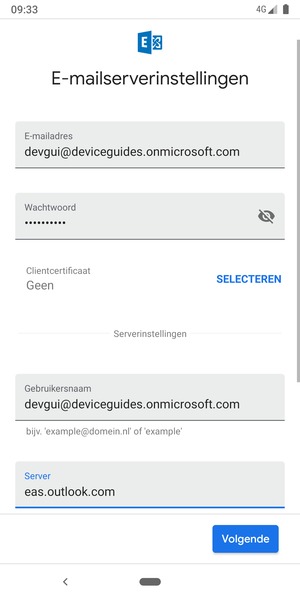 Voer Gebruikersnaam en Exchange serveradres in. Selecteer Volgende