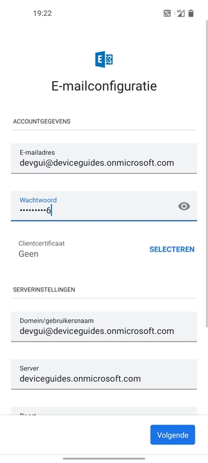 Voer Gebruikersnaam en Exchange serveradres in. Selecteer Volgende