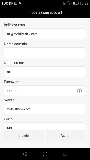 Scorri verso il basso e inserisci l'indirizzo del server Exchange. Seleziona Avanti