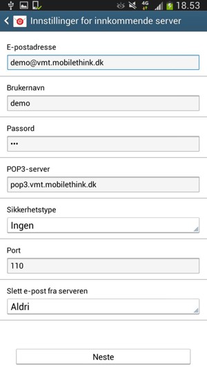 Skriv inn Brukernavn og innkommende serveradresse. Velg Neste