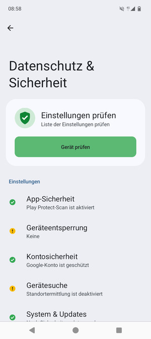 Um Ihre Bildschirmsperre zu aktivieren, gehen Sie zum Datenschutz & Sicherheit Menü und wählen Sie  Geräteentsperrung