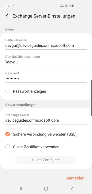 Geben Sie Benutzername und Exchange Server-Adresse ein. Wählen Sie Anmelden