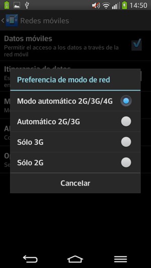Seleccione Sólo 2G para habilitar 2G