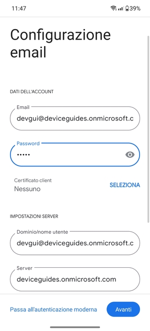 Inserisci Nome utente e l'indirizzo del server Exchange. Seleziona Avanti