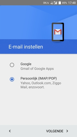 Selecteer Persoonlijk (IMAP/POP) en VOLGENDE