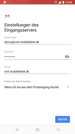 Geben Sie Nutzername und die Server-Adresse für eingehende Post ein. Wählen Sie WEITER