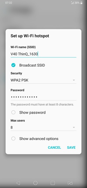Enter a Wi-Fi hotspot password of at least 8 characters and select SAVE