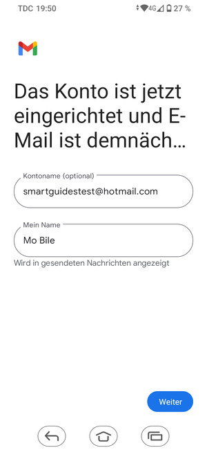 Geben Sie Ihrem Konto einen Namen und geben Sie Ihren Namen ein. Wählen Sie Weiter