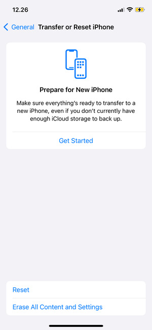 Select Erase All Content and Settings