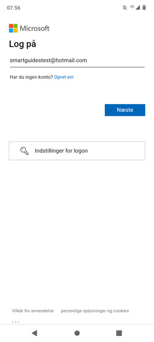 Indtast din e-mailadresse og vælg Næste