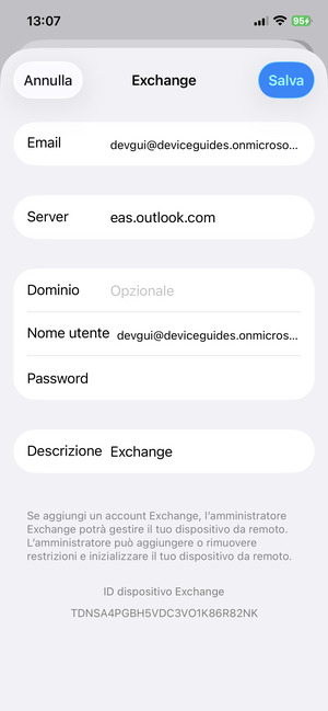 Inserisci informazioni email di Exchange e seleziona Salva