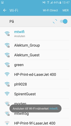 Du är nu ansluten till Wi-Fi nätverket