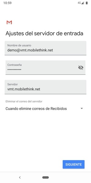 Introduzca Nombre de usuario y la dirección de servidor entrante. Seleccione SIGUIENTE