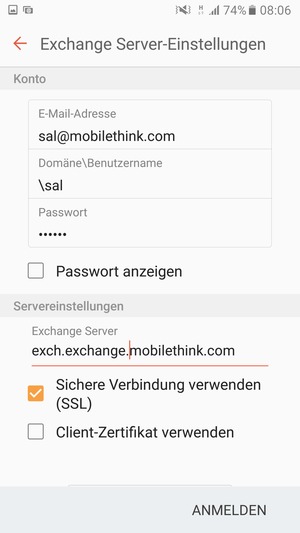Geben Sie Benutzername und Exchange Server-Adresse ein. Wählen Sie ANMELDEN