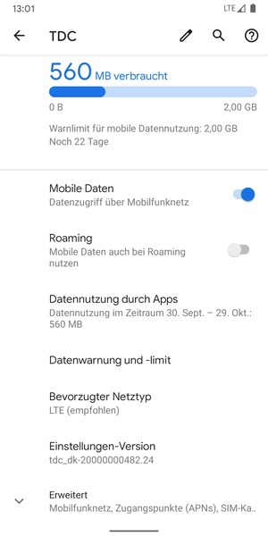 Scrollen Sie und wählen Sie Erweitert