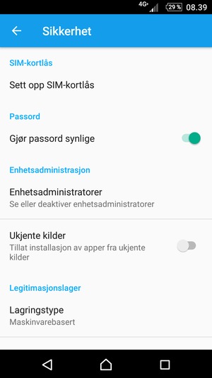 For å bytte PIN-koden til SIM-kortet, gå tilbake til Sikkerhet-menyen og bla til og velg Sett opp SIM-kortlås