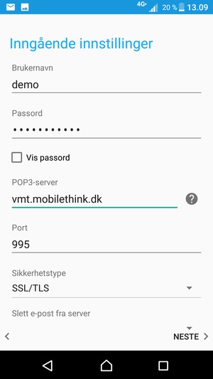 Skriv inn Brukernavn og innkommende serveradresse
