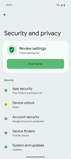 To activate your screen lock, go to the Security and privacy menu and select Device unlock