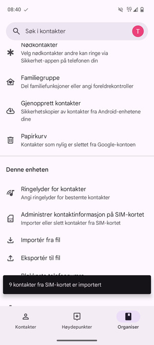 Kontaktene dine blir lagret på din Google-konto og lagret på telefonen din neste gang Google synkroniseres.