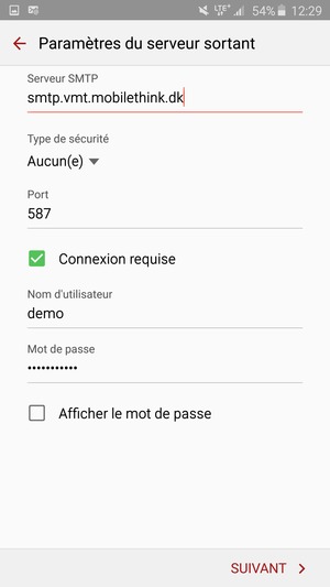 Saisissez l'adresse du serveur sortant