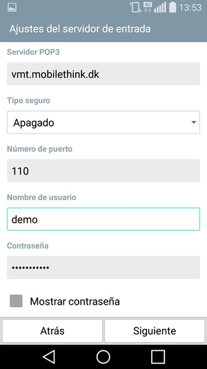 Introduzca dirección del servidor de entrada y nombre de usuario. Seleccione Siguiente