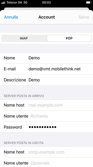 Seleziona POP o IMAP e inserisci le informazioni email per SERVER POSTA IN ARRIVO