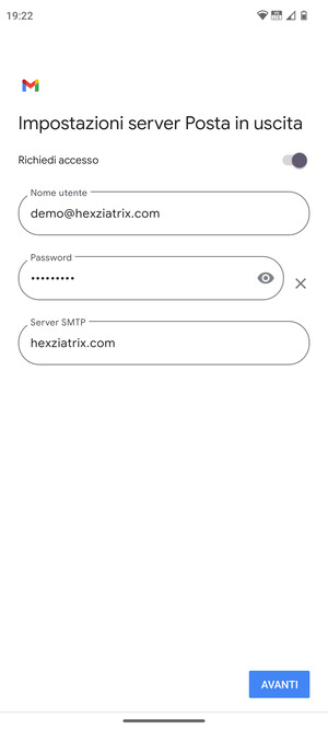 Inserisci l'indirizzo del server di posta in uscita e seleziona AVANTI