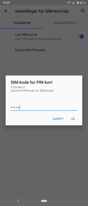 Skriv inn Gammel PIN-kode for SIM-kort og velg OK