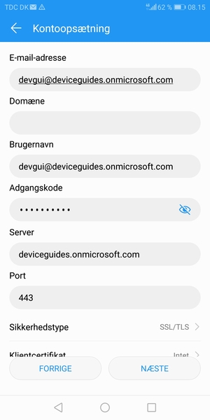Indtast Exchange serveradresse og vælg NÆSTE