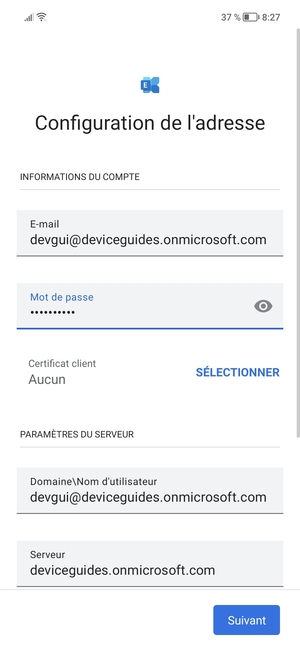 Saisissez votre Nom d'utilisateur et l'adresse du serveur Exchange. Sélectionnez Suivant